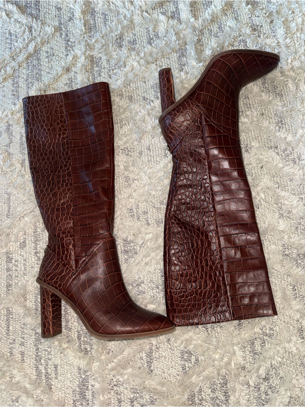 Vince Camuto Croc-Embossed Dark Brown Knee Boots